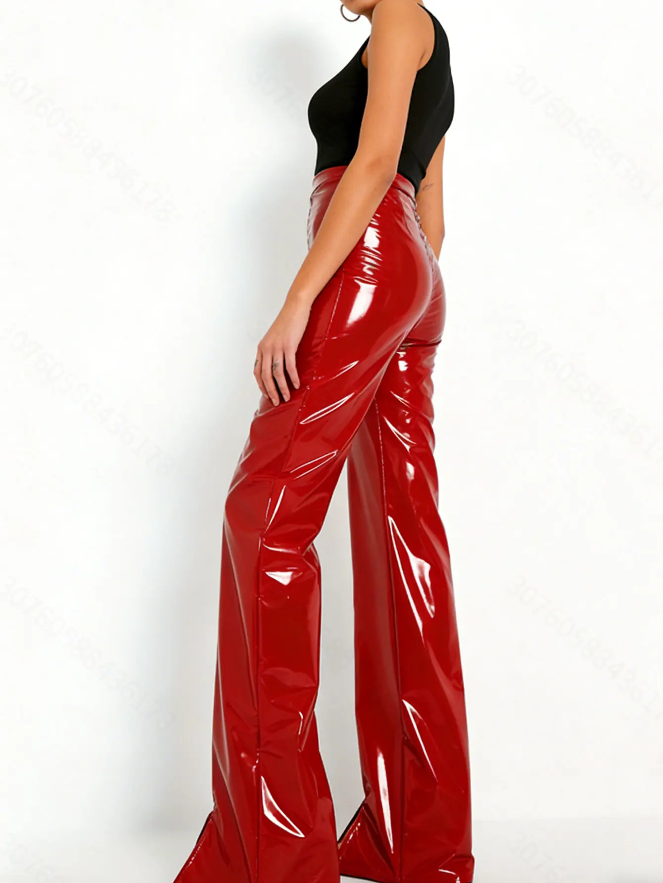 Damen Glänzende Kunstleder-Hose mit Modischem Saum-Schlitz, Schlanke Passform, Glänzende Kunstleder-Gerade Freizeithose, Individuelle Anpassung Möglich