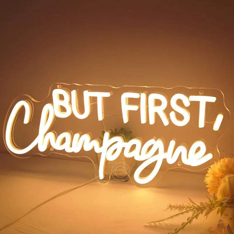 But First Champagne Led Home Bar Kitchen Man Cave Pub Wall Wedding Birthday Party Backdrop Drinks Christmas16.54"X7.1" USB Warm