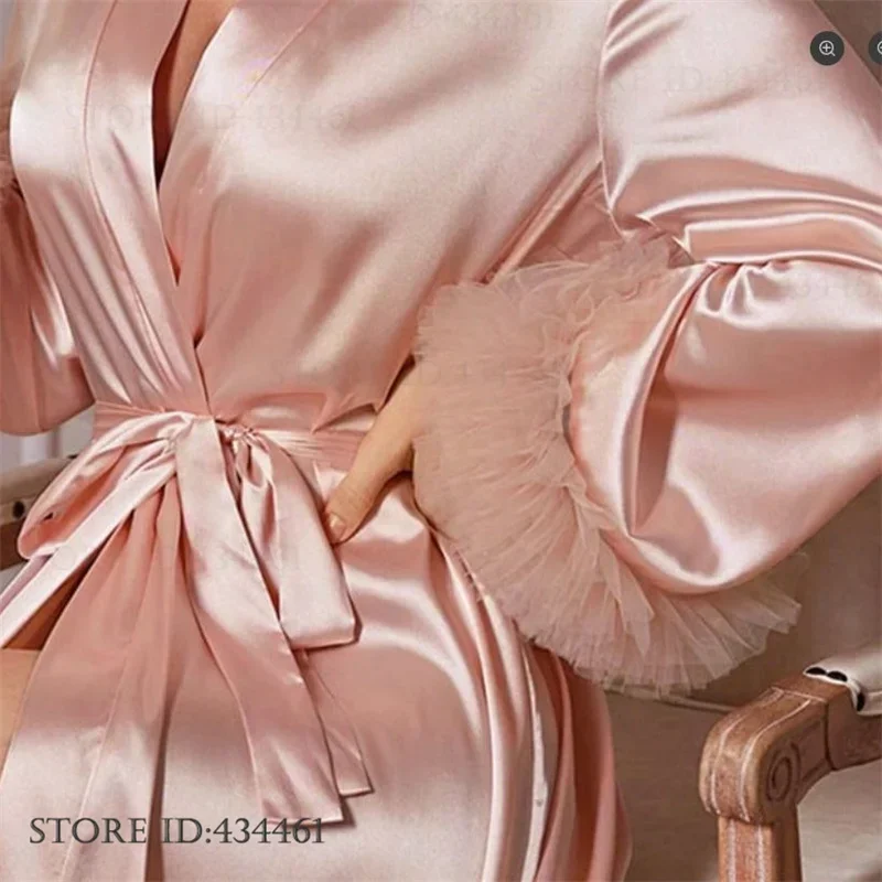 

Pink Ice Silk Bride Wedding Robe Lace Long Kimono Bathrobe Gown Luxury Elegant Women Nightgown Sleepwear Loose Home Dress PAJAMA