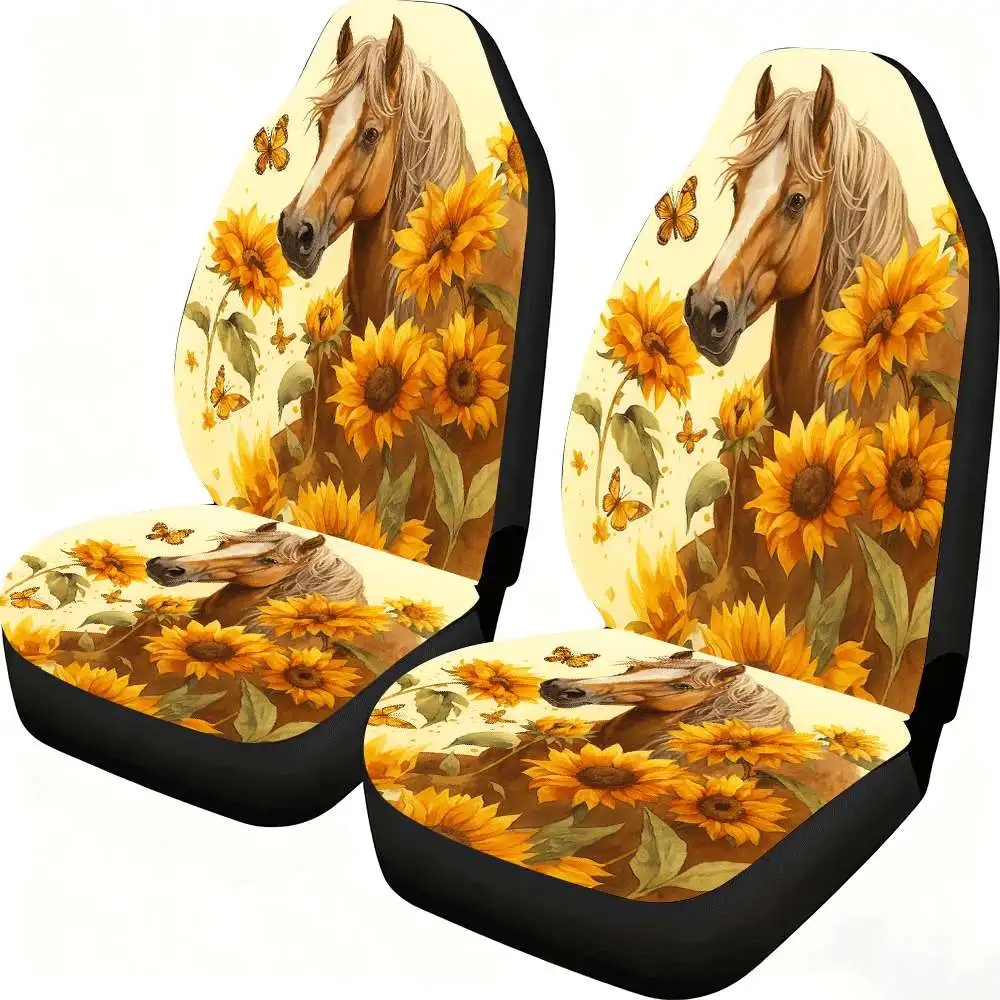 

2pcs Horse & Sunflower Car Seat Covers Compatible For Women &, Horse-Themed & Sunflower Motif, Fit Front Seat Protectors, Durabl