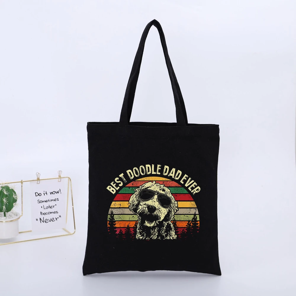 Doodle Dog with Sunglasses Graphic Canvas Tote Bag, Vintage Style for Daily Shopping and Casual Outings