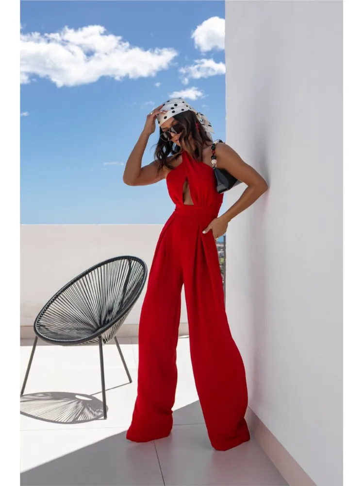 

Sexy Backless Sleeveless Hollow Hanging Neck Jumpsuit Women's New Summer Solid Color Waist Wide Leg Jumpsuit