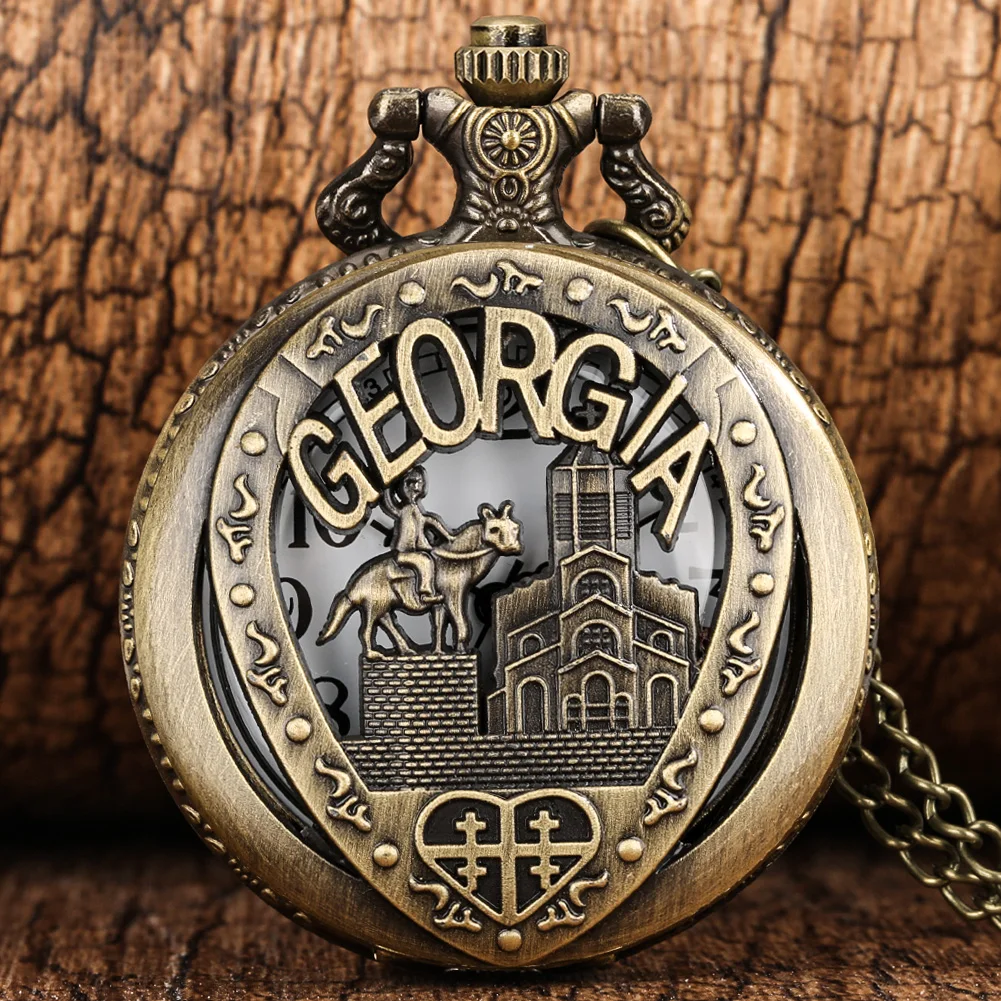 Bronze Hollow Georgia Landmark Pattern Display Quartz Necklace Pocket Watch Arabic Numerals Analog Sweater Chain Pocket Clock