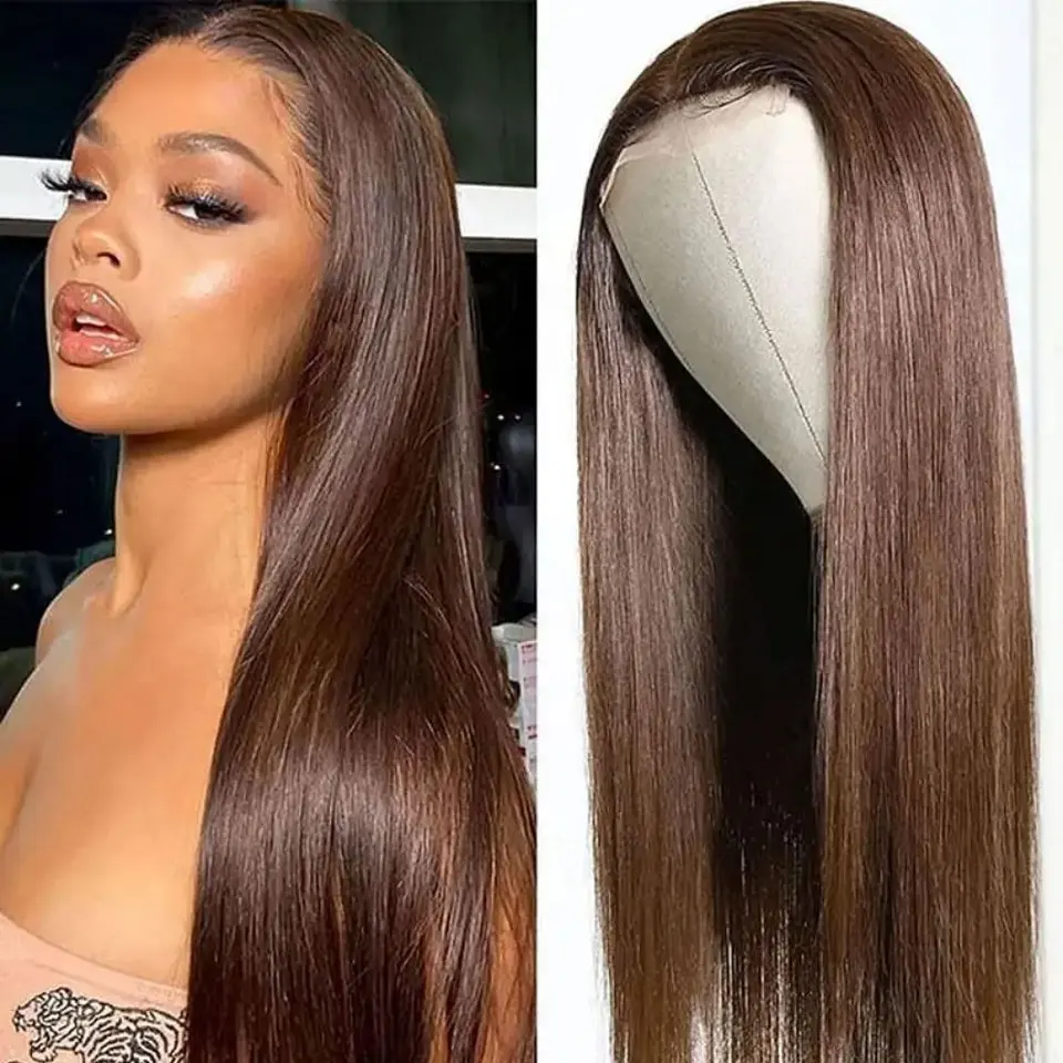 Glueless Straight Brown 13x6 HD Lace Front Wig Human Hair Chocolate Brown Colored 13x4 Hd Full Lace Frontal Human Hair Wigs