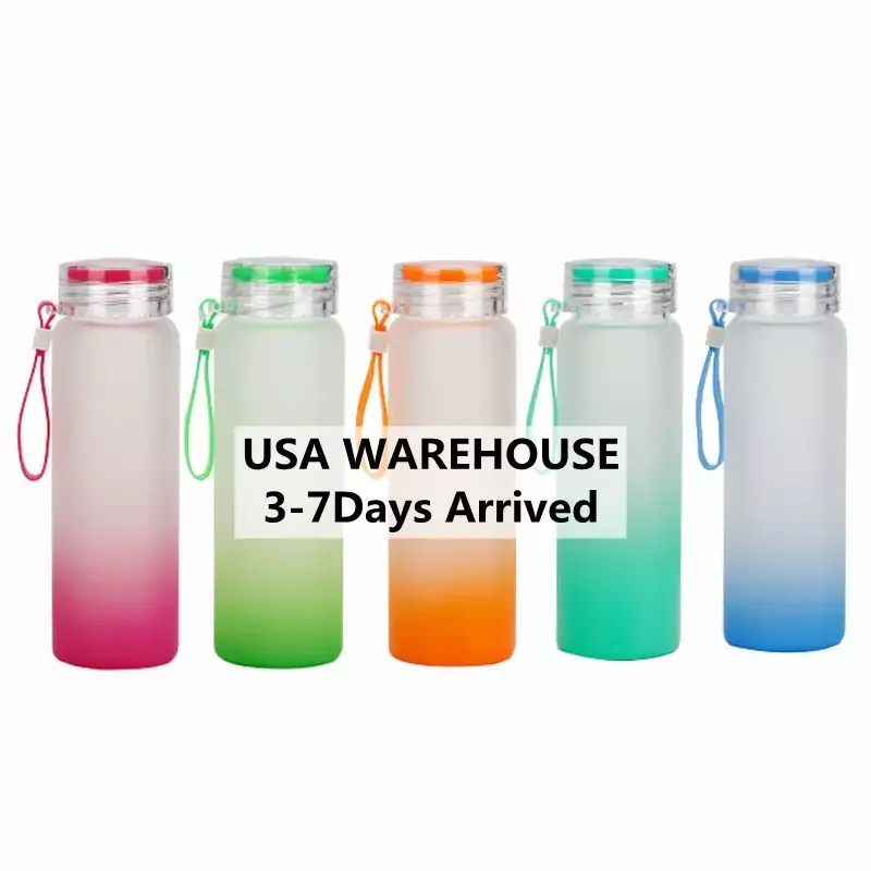 

25/50Pack USA Warehouse Gradient Color Drinking Water Bottles 17oz Sublimation Frosted Glass Water Bottles With Plastic Lid