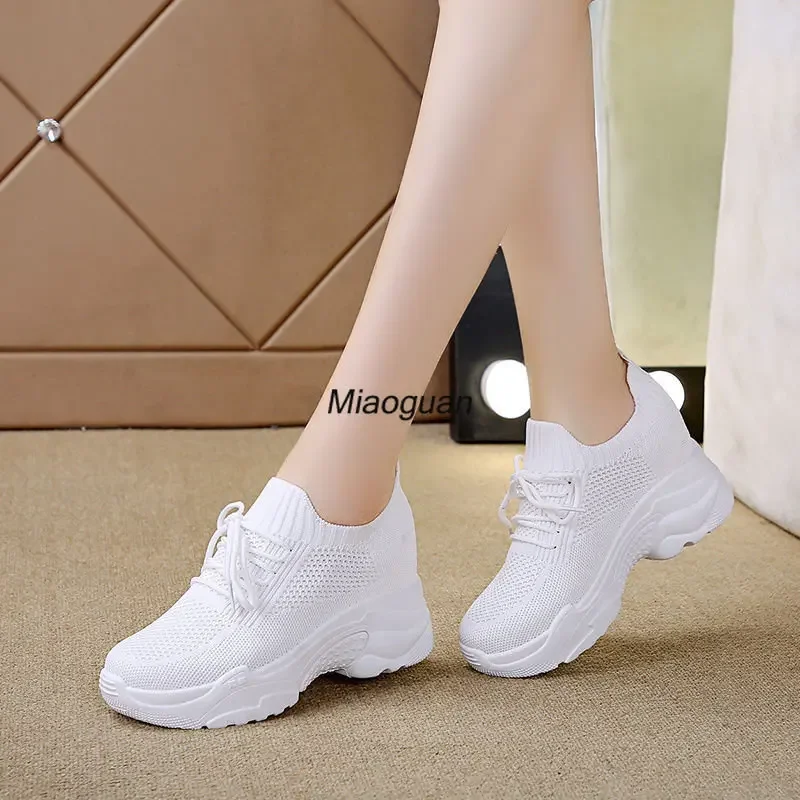 Hidden Heels White Women Fashion Breath Mesh Casual Platform Sneakers Surface Shoes 2024 New Thick Bottom Footwear Round Head