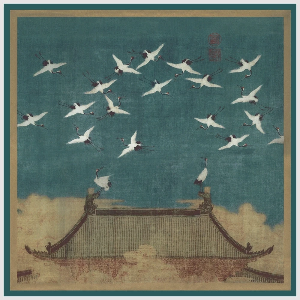 Jilbab Selendang Kepar Persegi 90CM Retro untuk Wanita Syal Foulard Bandana Cetak Burung Putih