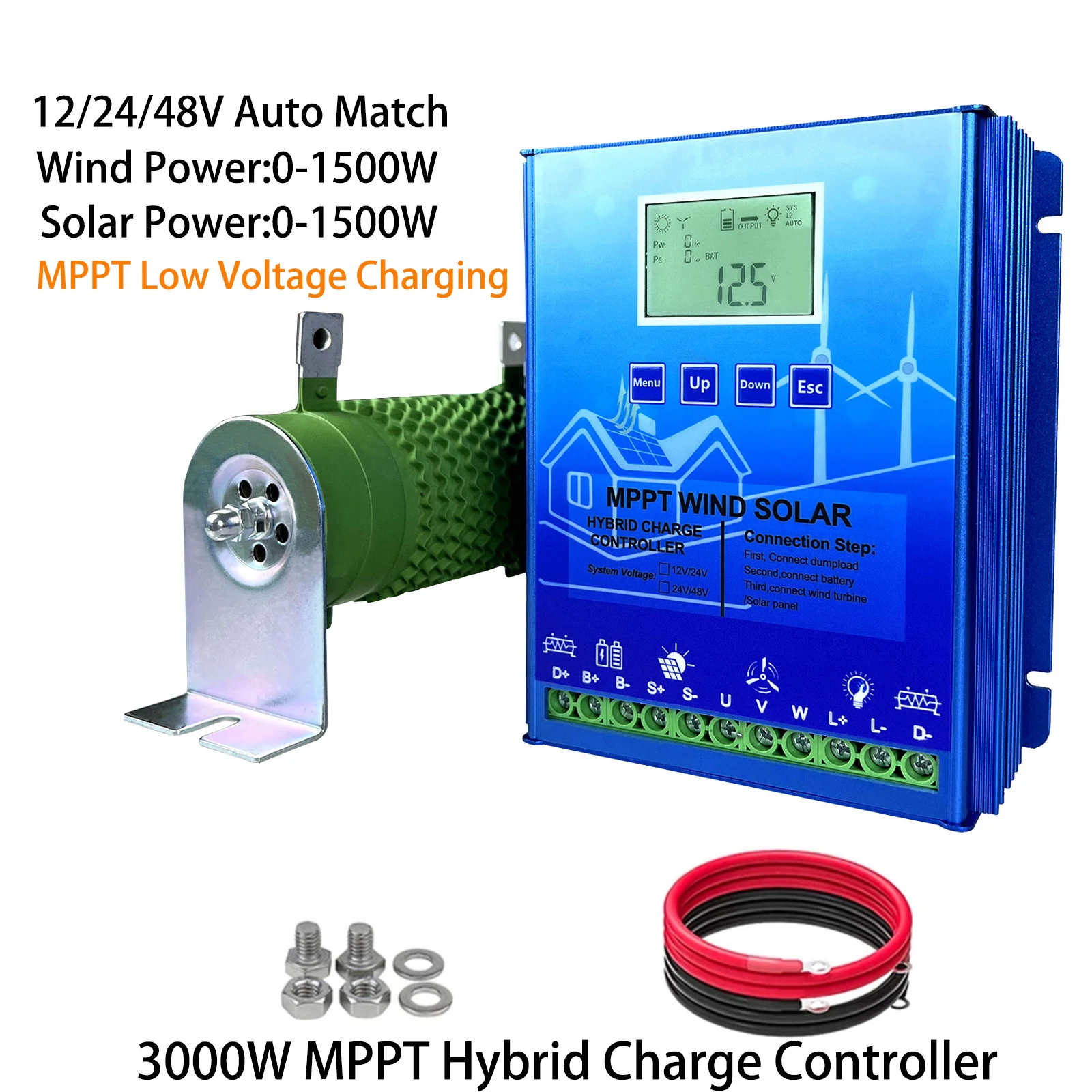 

3000W MPPT Hybrid Wind Solar Charge Controller Turbine Generator Solar Panel Booster Controller For 12V 24V 48V All Battery