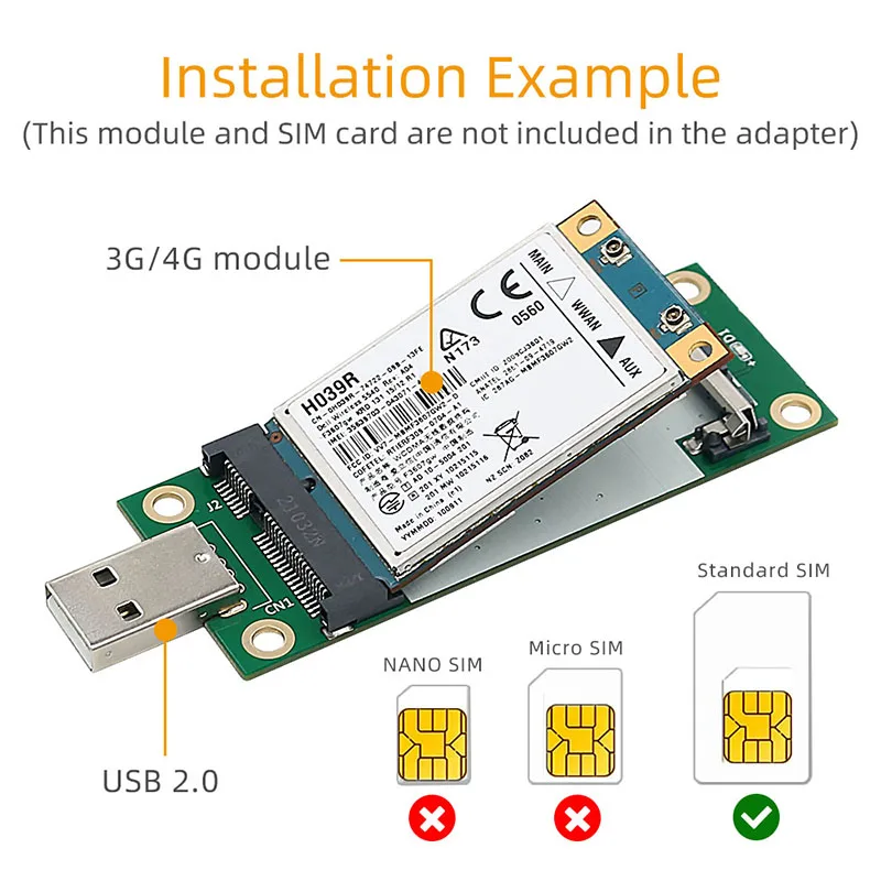 Network Adapter Riser Mini PCIE to USB2.0 with SIM Card Slot for 3G/4G/WWAN/LTE Network Module Wireless Mini-Card for Desktop PC