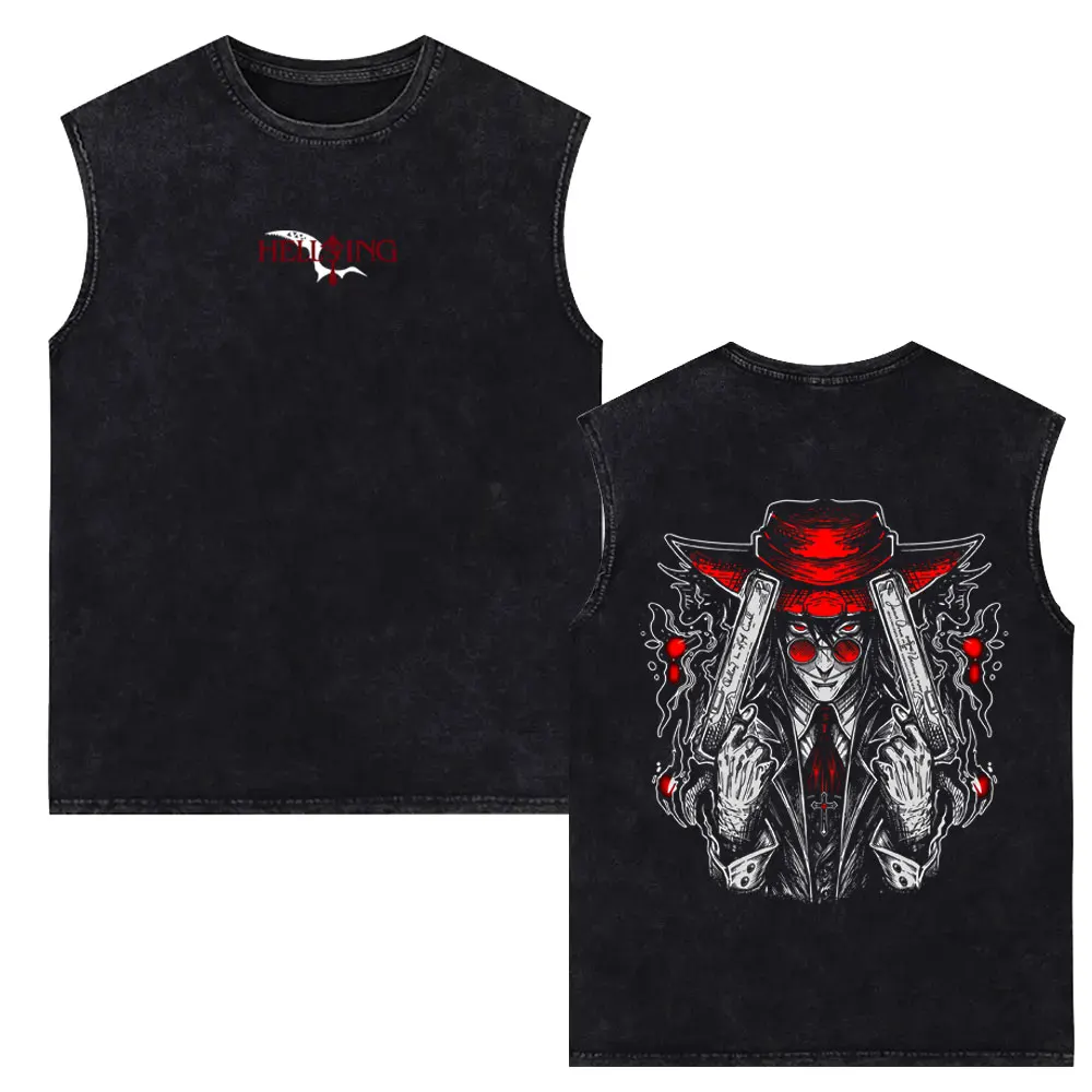 Anime Hellsing Seras Victoria Hellsing Vampire Alucard Vintage Washed Tank Tops Male Fashion T-shirt Male Manga Sleeveless Vest
