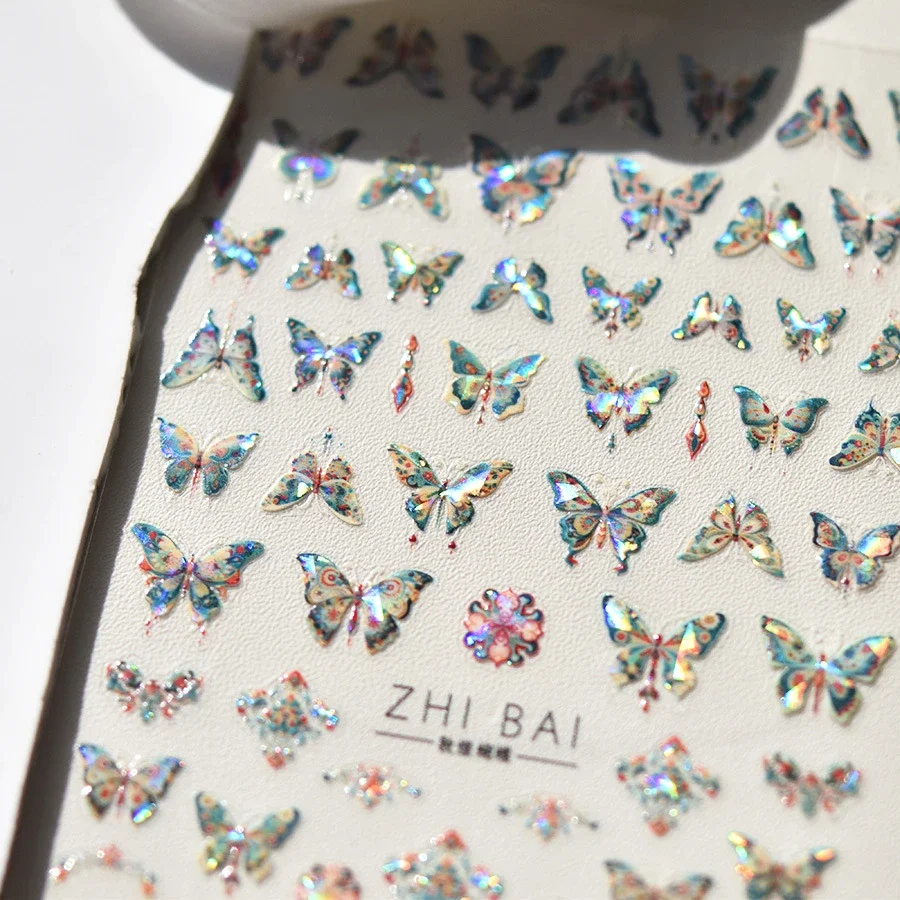 1 قطعة 5D الرجعية الملونة رسمت باليد فراشة ملصقات الأظافر قذيفة ضوء فراشة حجر الراين لينة الإغاثة مسمار الفن ملصقات #6