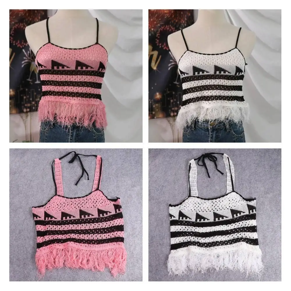 

Fashion Sleeveless Crochet Tank Tops Slim Tassel Knitting Crop Tops Hot Tops Short Female Camisole Girls