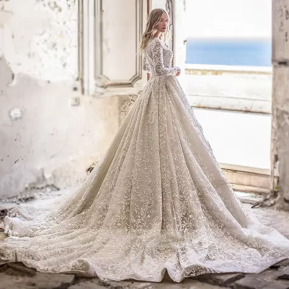 Customized  Elegant V-Neck Wedding Dresses Long Sleeve For Women Beaded Lace Appliques Princess Wedding Gown Vestidos De Novia