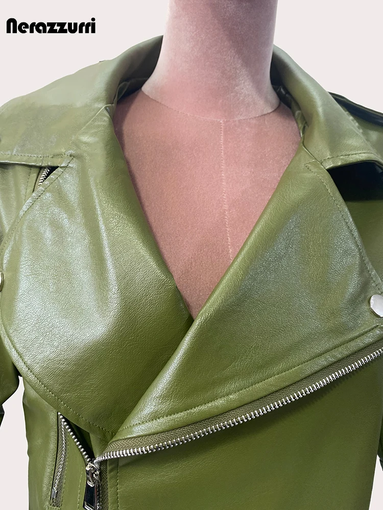 Nerazzurri Spring Autumn Short  Cool Handsome Soft Green Pu Leather Moto & Biker Jacket Women Zipper Runway European Fashion