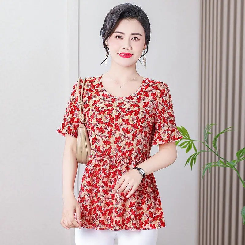 قميص نسائي رفيع برقبة دائرية مزين بالزهور يبدو نحيفًا ويغطي قمصان بطنك #3