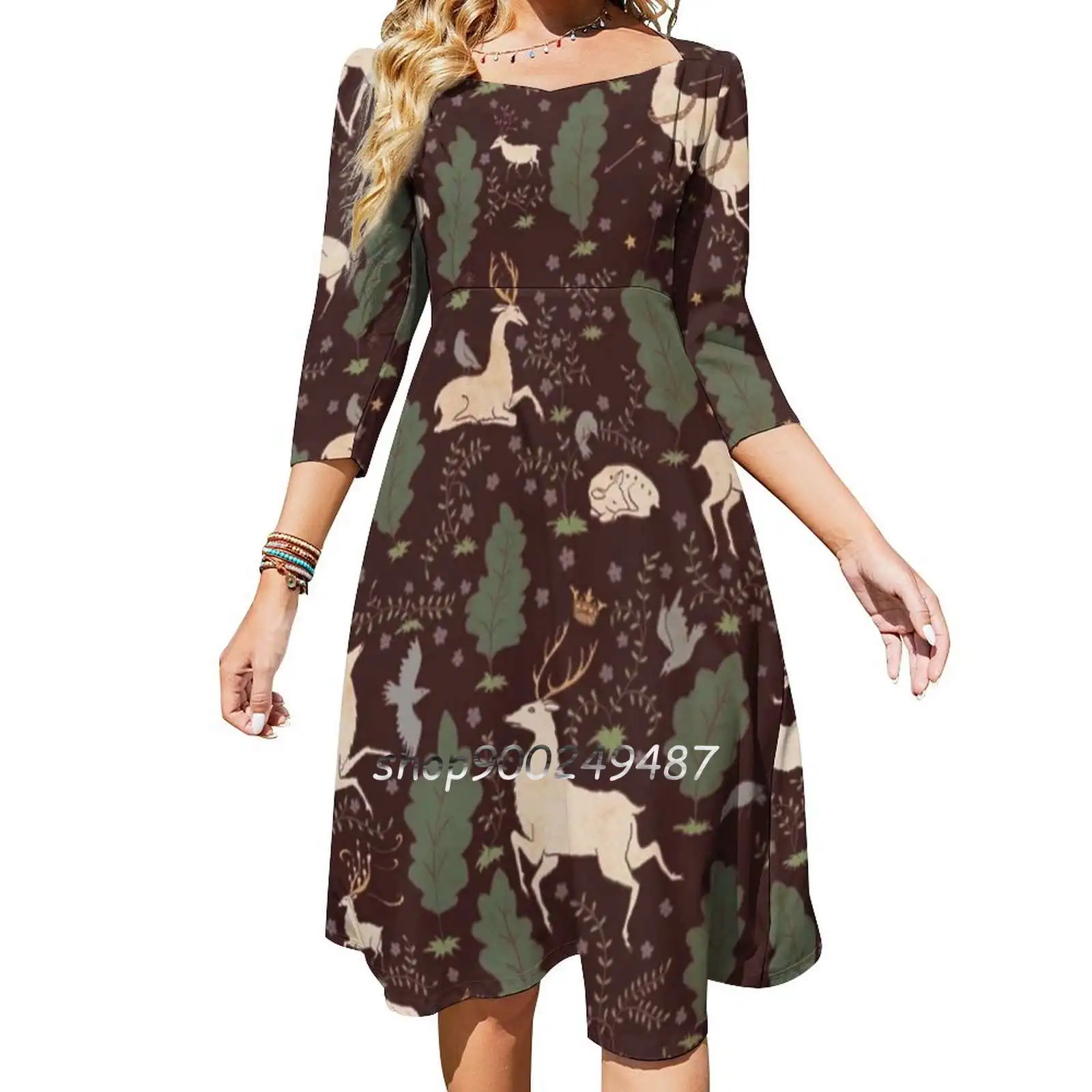 The Running Of The Deer-Brown Sweet Elegant Dress Women Korean Kawaii Square Collar Dress Deer Doe Stag Faun Myth Fairytale