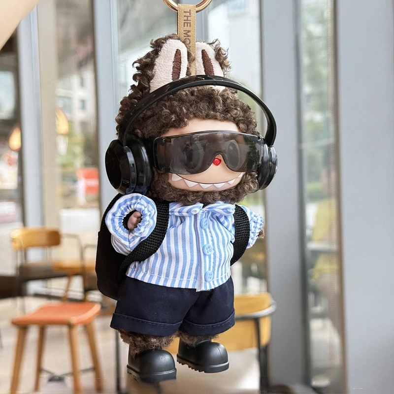 

Clothes For 15/17cm 1st,-3rd Gen Labubu Dolls Trendy Outfits – Including Blue - white Striped Tops Black Headphones Sunglasses