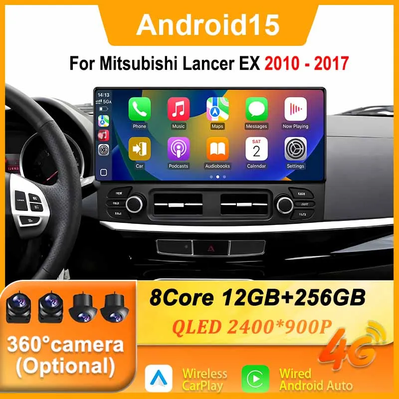 8Core 12+256G Android 15 Car GPS Radio For Mitsubishi Lancer EX 2010-2017 LHD 360° Camera WIFI 4G CarPlay Audio BT Head Unit