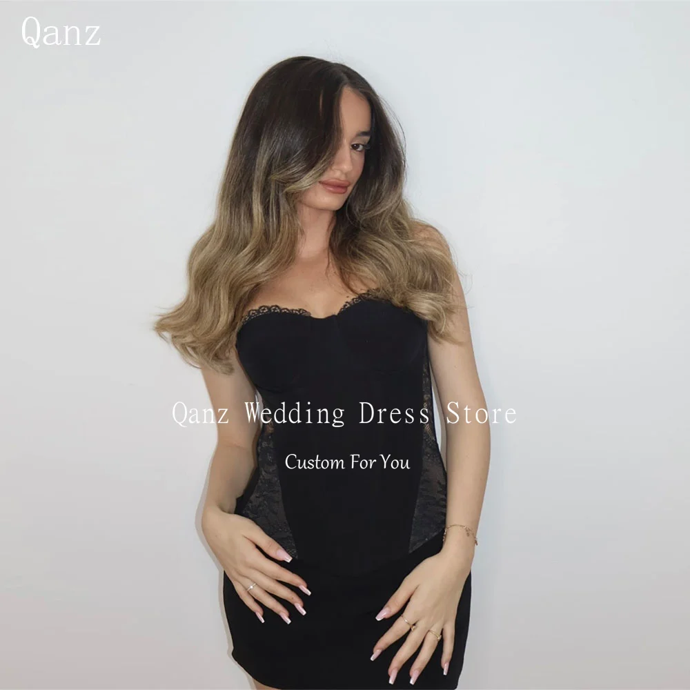 Qanz preto cetim mini vestidos de baile querida renda sexy vestido de fiesta sem mangas curto robe cocktail luxo personalizado