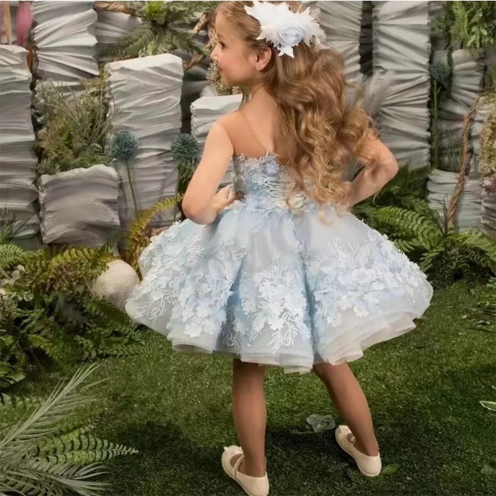 Exquisite Light Blue Baby Girl Dresses O-Neck Knee Length Flowers Wedding Ball Gowns High Quality Princess Dresses for Girls