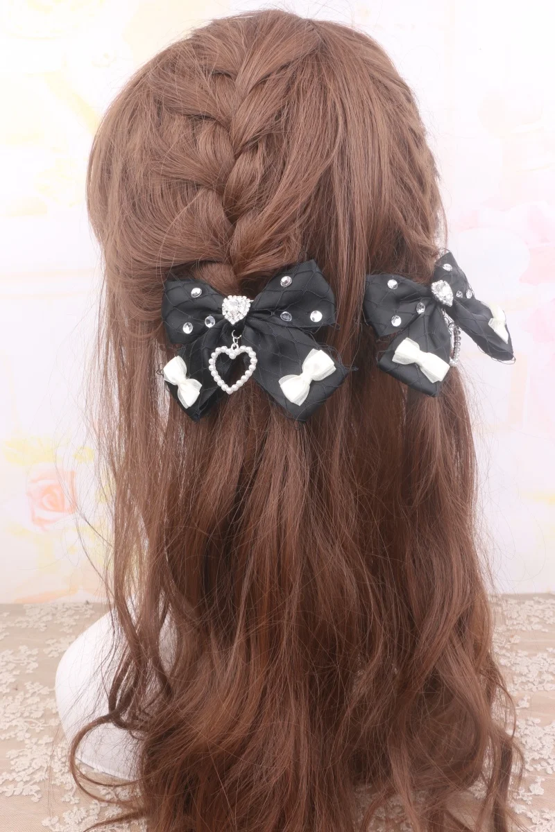 القوطية لوليتا كول صافي دبابيس الشعر اللؤلؤ حلية اليدوية القوس حساسة حجر الراين مشبك شعر للنساء Jirai Kei اكسسوارات