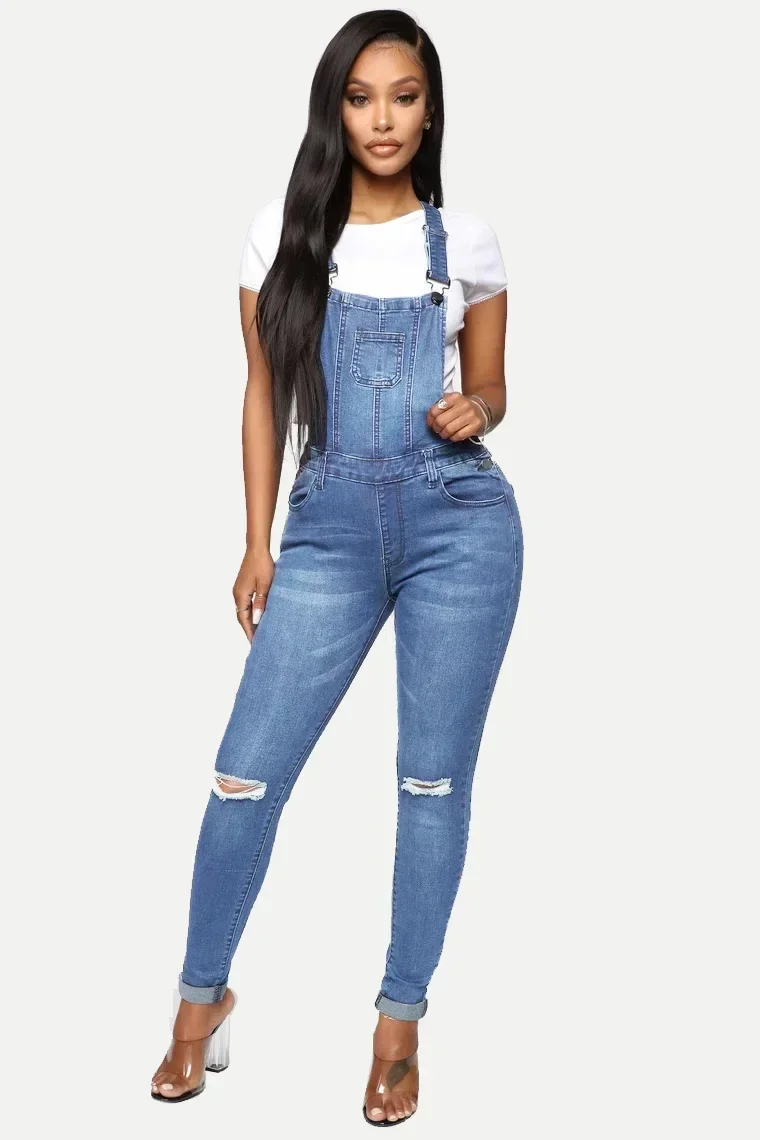 Women Jeans Ankle Length Pencil Pants Denim Overalls Pockets One Piece Mid Waist High Street Solid Distressed Holes Spliced 2025