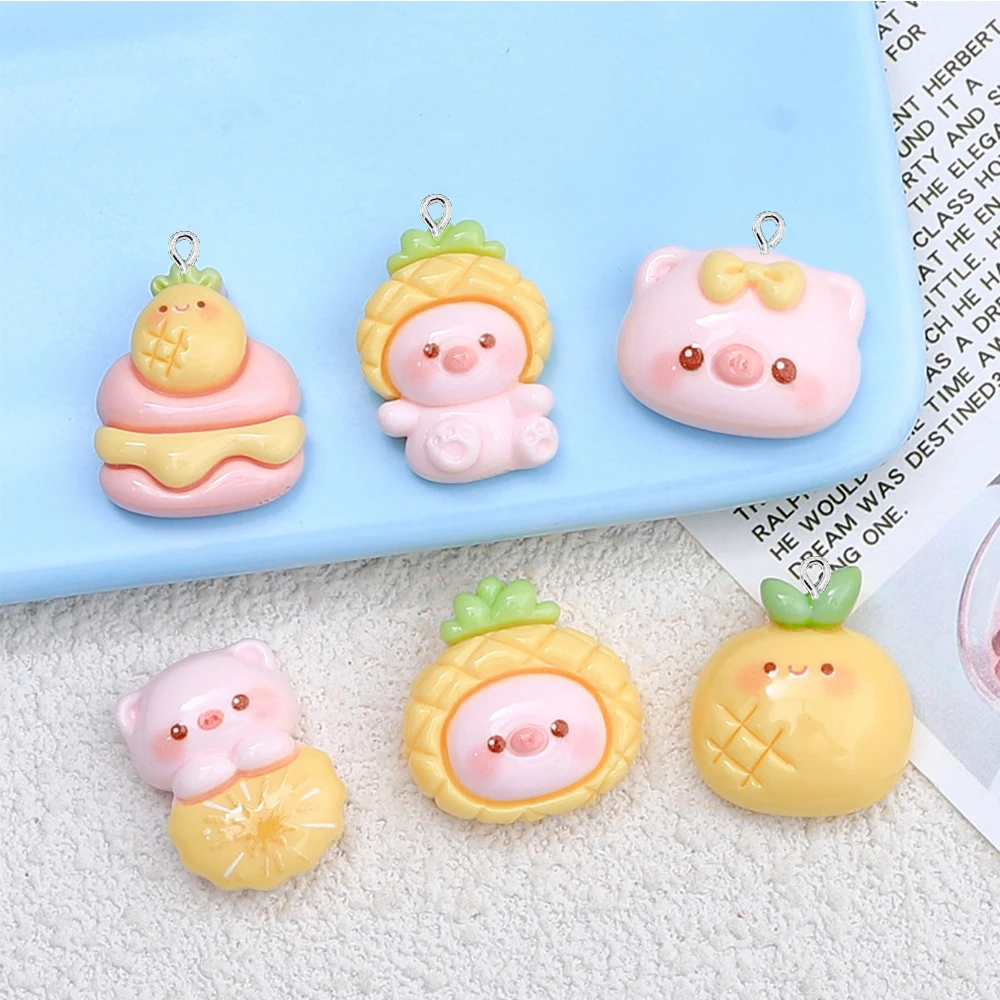 10PCS Shiny Pineapple Pig Series Flat Back Charms For Earrings Bracelet Hairpin DIY Jewelry Pendants Decoration Accessories