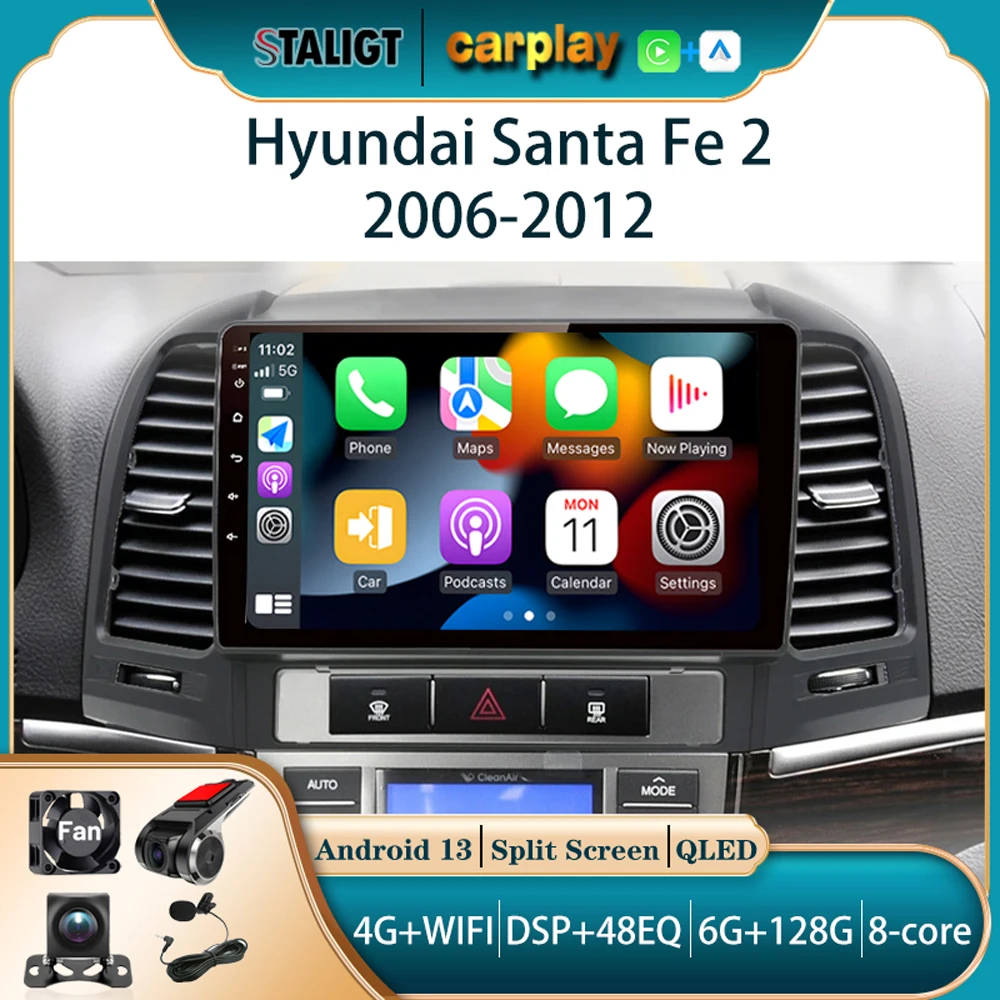 

2Din Android For Hyundai Santa Fe 2 2006-2012 Carplay Android Auto Wireless Car Radio Player Multimedia Audio Car 9inch Video