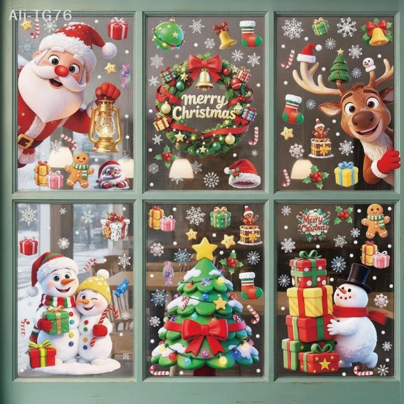 [P] Christmas Window Stickers 3D Santa Claus House Snowflakes Electrostatic Sticker Home 2026 Xmas Party Christmas Decor