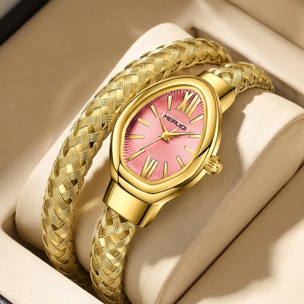 

1pc Women's Elegant Fashion Woven Strap Oval Case Pink Dial Roman Numeral Watch
