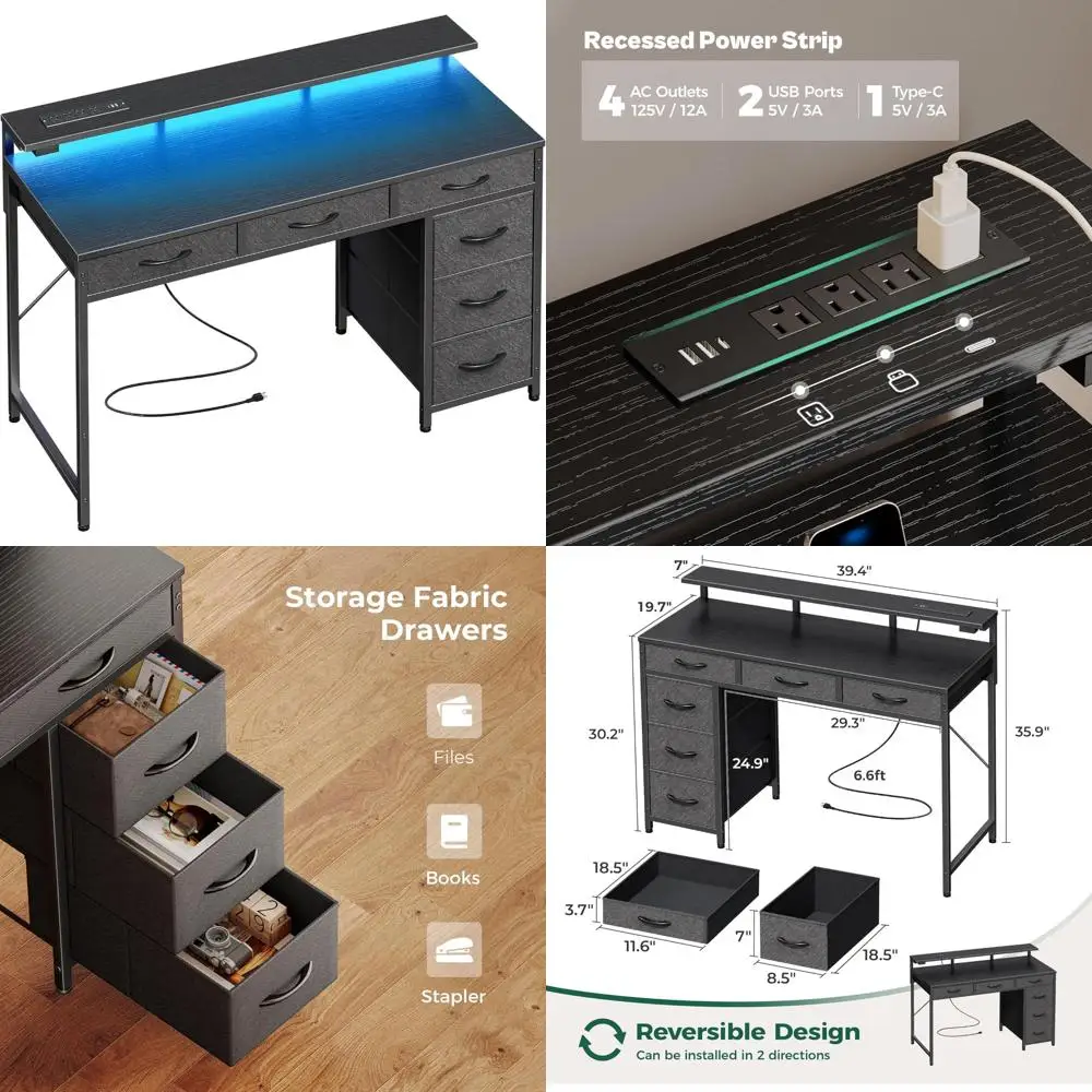 

Luxury Gaming Desk with 6 Drawers, LED-lit Computer Desk with Power and Type-C Ports, 39-Inch Storage Office Desk