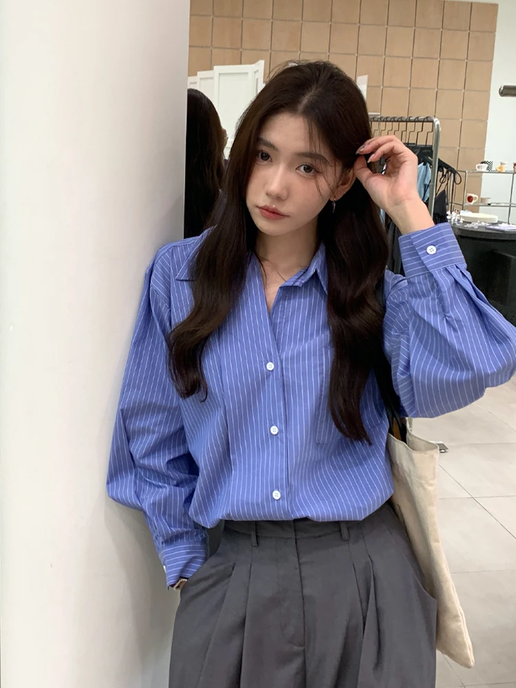 

Синий полосатый свободный крой Long Sve irt, женский осенний новый повседневный топ на пуговицах с хлопковым воротником высокого класса