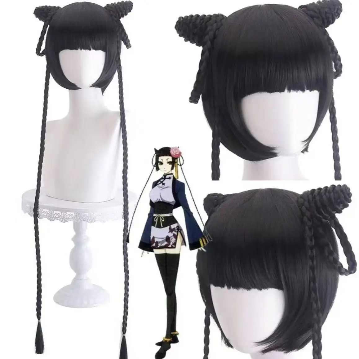 Anime Black Butler Ranmao Cosplay Wig Black Double Bun Braid Hair With Buns For Women Halloween Party Comic Con Cosplay