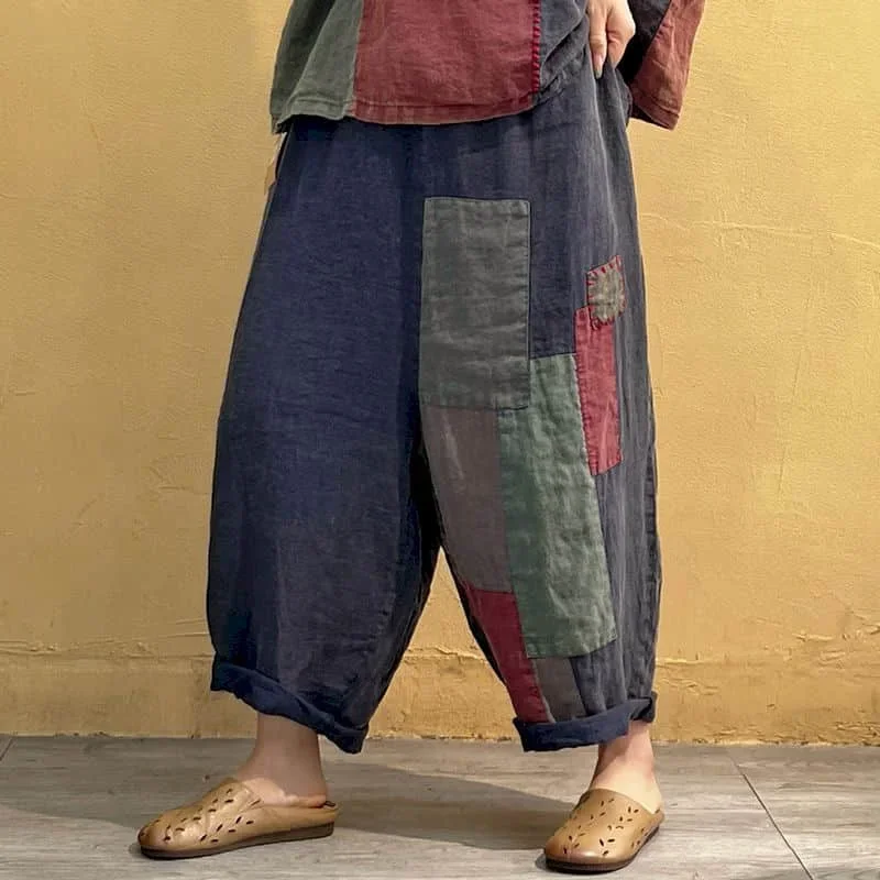 Cotton Linen Pants Sets Patchwork Vintage Shirt and Casual Harem Pants Oversized Fashion Two Piece Sets Women Outfits Z574