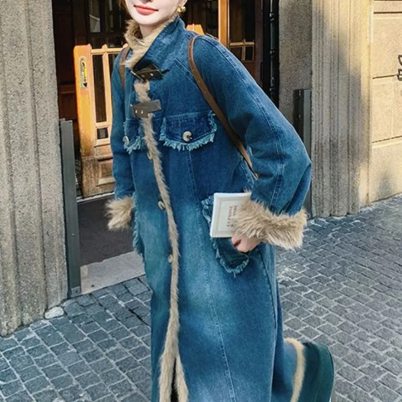 خريف شتاء جديد إمرأة صوف الضأن المرقعة رعاة البقر القطن معطف طويل معطف مريح الإناث معطف الموضة #2