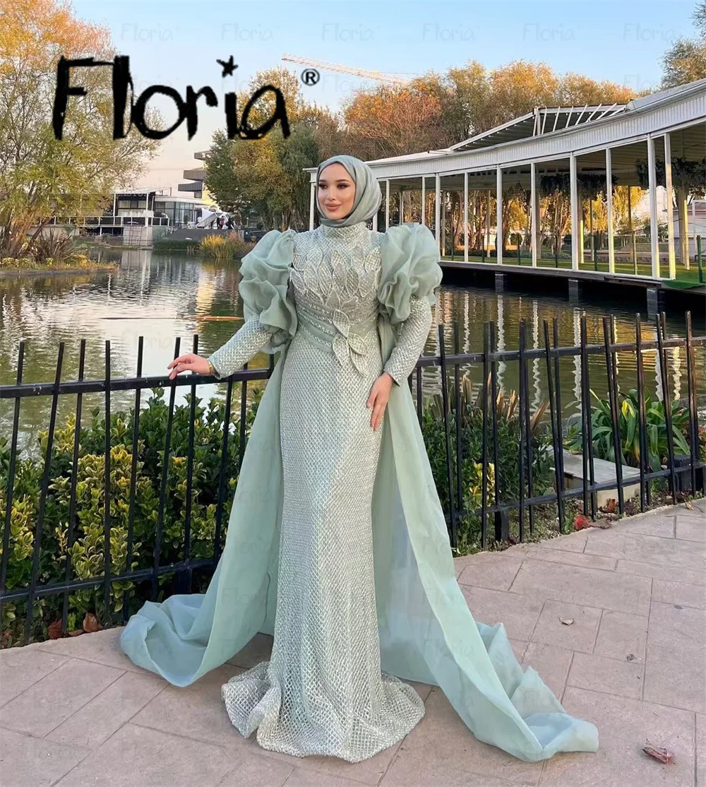 Floria Muslim Customized Gold Beaded Prom Dresses With Cape Sleeve Luxury Wedding Party Dress Plus Size Formal Occasion Dress