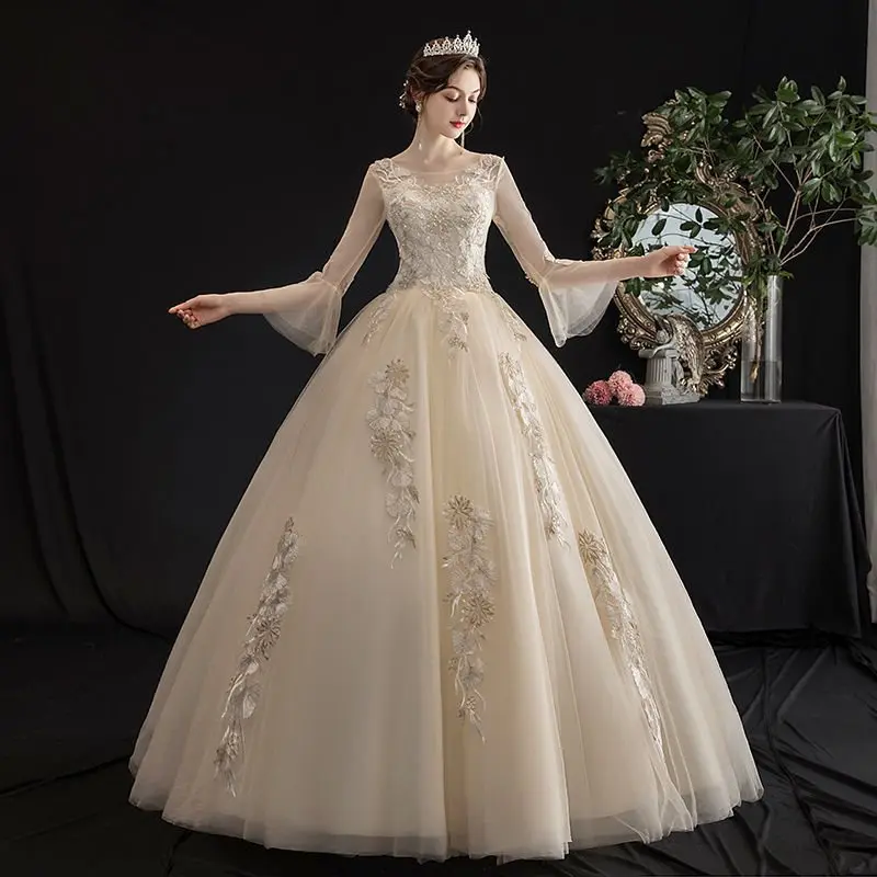 Bridal wedding dress main wedding dress bridal luxury nursing champagne vintage long sleeve simple floor-length wedding dress