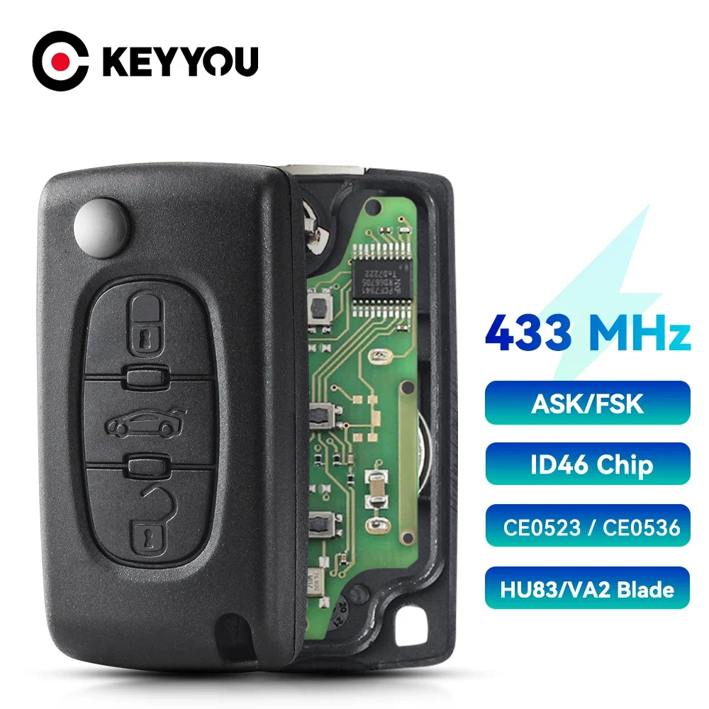 KEYYOU 3 Button Remote Key CE0523/CE0536 for Peugeot 207 208 307 308 407 408 607 433MHZ ID46 PCF7941 HU83/VA2 Flip Car Key