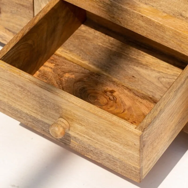 Half-moon mango wood shelf unit, modern solid wood display design