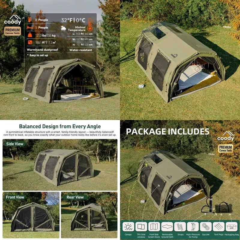 Надувная палатка Coody 17.2 Familia Pro Air Tent – армейский зеленый цвет, быстрораскладная, с большим пространством, для кемпинга на открытом воздухе, из хлопка
