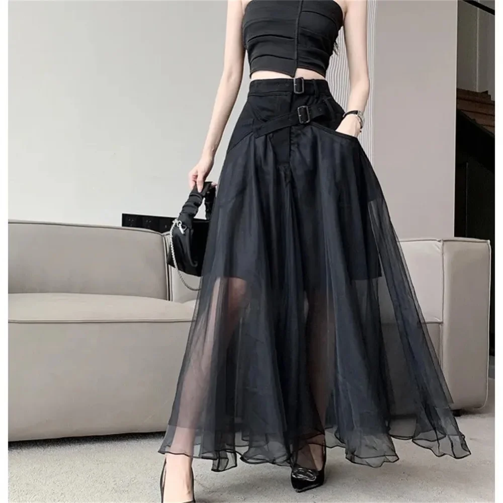 Gothic Black Tulle Maxi mermaid skirt High Waist Buckle Belt Mesh Sheer Long Skirts Women Casual Streetwear Party A-Line Skirt