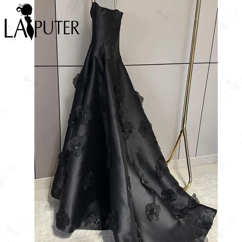 3D Flowers Black A line Celebrity Evening Dresses Off Shoulder Boned Cups BodiceBack Train Fashion Star Satin Woman Formal Dress