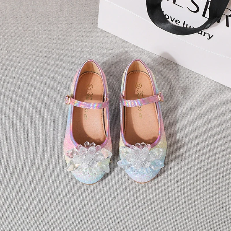 Children Princess Shoes Glitter Performance Shoes for Girl with Heels Fashion Rainbow Kid Rhinestones Wedding Party Leather Shoe