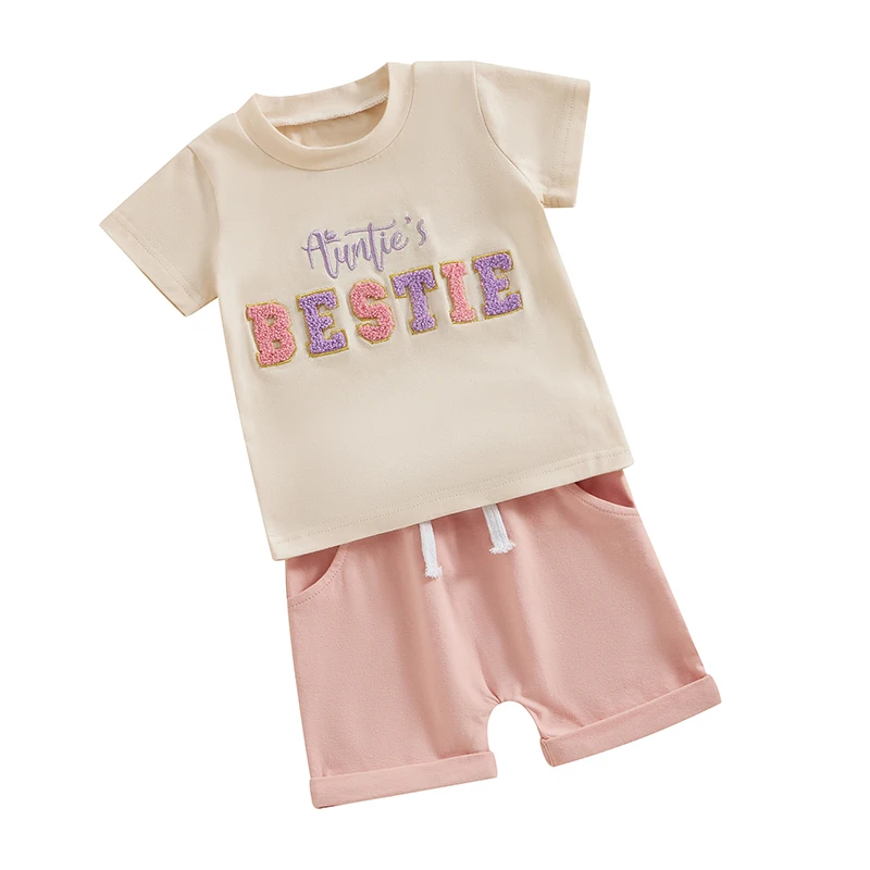 

Toddler Baby Girl Clothes Aunties Bestie Embroidery Letters T-Shirt Top Jogger Shorts Set 2Pcs Summer Outfits