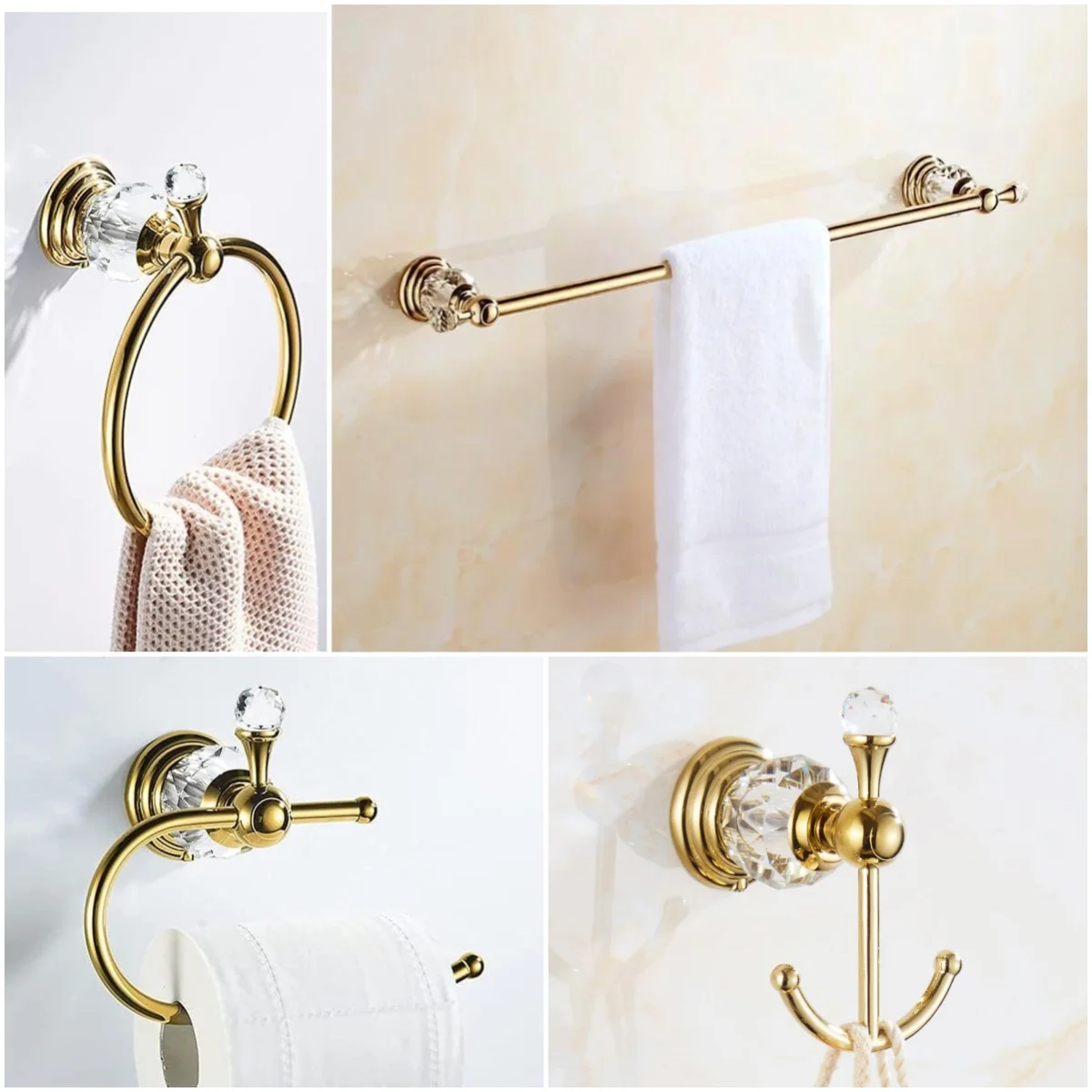 Crystal Bathroom Accessories set Golden 4 pieces set towel bar Robe Hook Towel Ring Toilet Paper Holder Bathroom Hardware