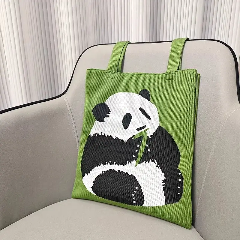 Super Cute Cartoon Panda Knitted Handbags Tote Handbag Casual Outdoor Beach Storage Shoulder Bag Supermakrt Shopping Grocery Bag