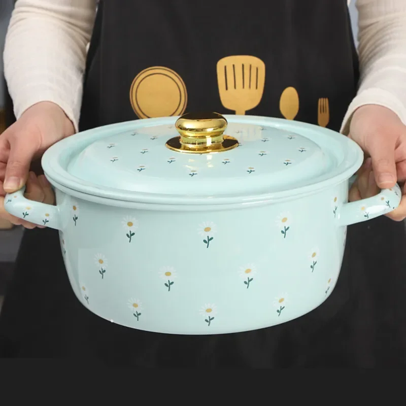 Olla para estofado de esmalte de borde enrollado grueso, olla nostálgica para sopa de porcelana de hierro, diseño de doble oreja para cocina de Gas e inducción
