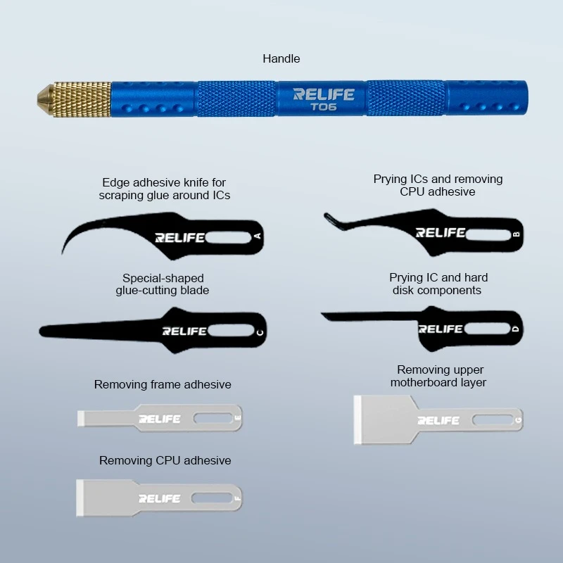 

RELIFE TK5 8 IN 1 Multifunctional Knife Hand Polished Ultra Thin Blade Set Phone Motherboard Glue Removal IC CPU Prying Tools