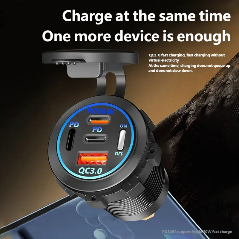 4 Pors PD QC3.0 Car Charger with Switch 10A 18AWG Cable Fast Charging Socket Panel Car Accessories for 12V/24V Car ATV Boat