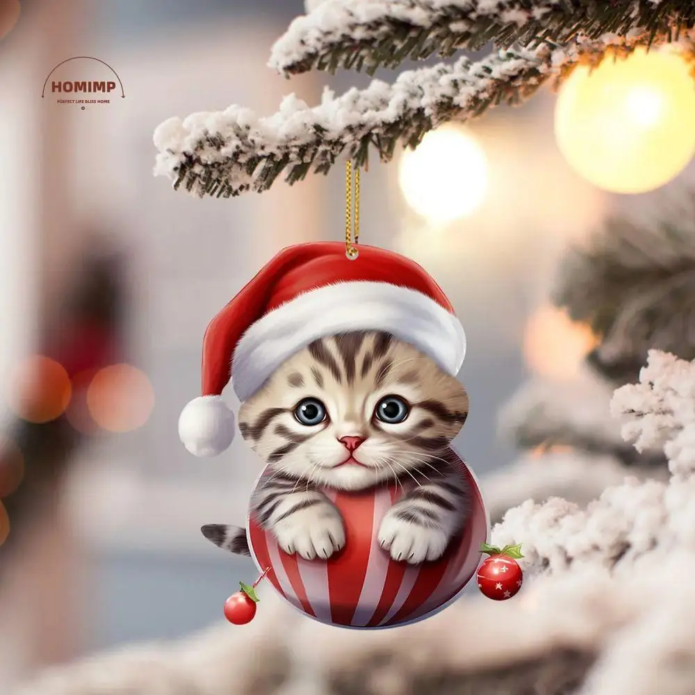 

2D Christmas Cat Pendant Acrylic Flat Cat Xmas Hat Ornament Decorative Cat Car Pendant Christmas Tree Decorations Christmas Gift
